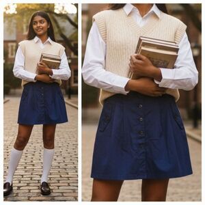 Vintage Benetton Navy Blue Pleated Button Down A-Line Skirt Size Medium